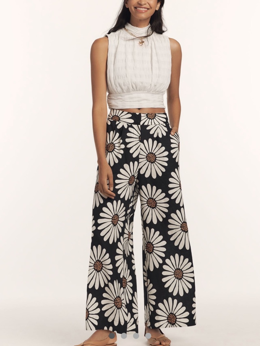 Farm Rio x Anthropologie linen blend wide-Leg Daisy Print Pants - Black & White